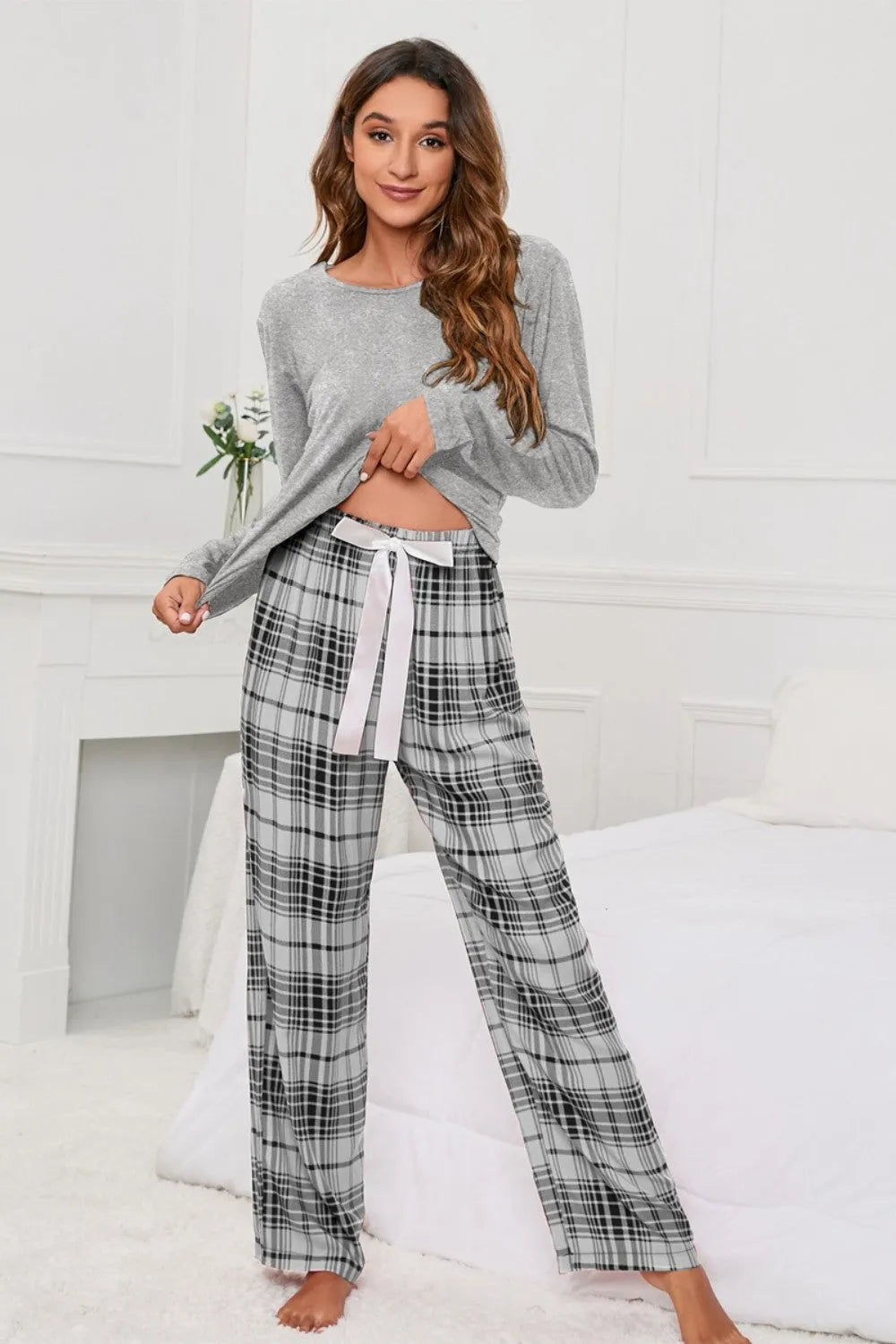 Round Neck Long Sleeve Top and Bow Plaid Pants Lounge Set Loungewear Sets - Tophatter Daily Deals