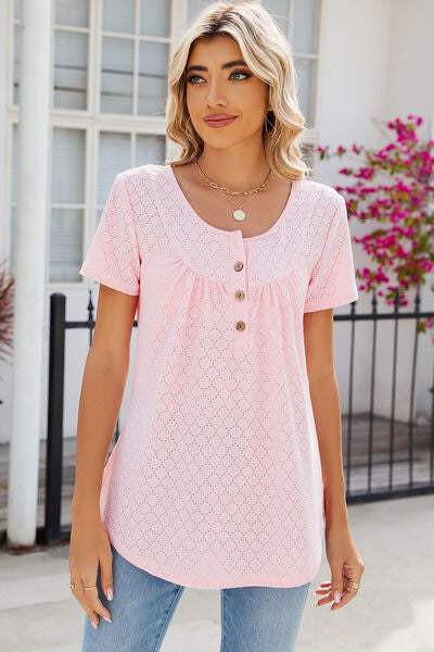 Eyelet Quarter Button Short Sleeve T-Shirt Blush Pink Women's T-Shirts - Tophatter Daily Deals