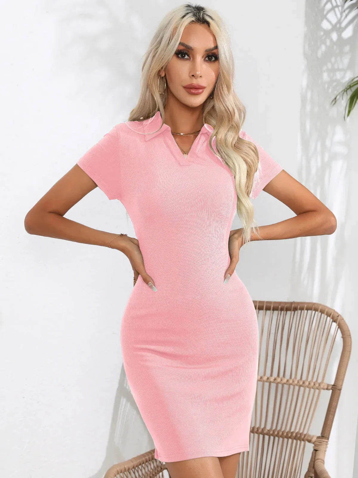 Johnny Collar Short Sleeve Bodycon Dress Casual Dresses - Tophatter Daily Deals