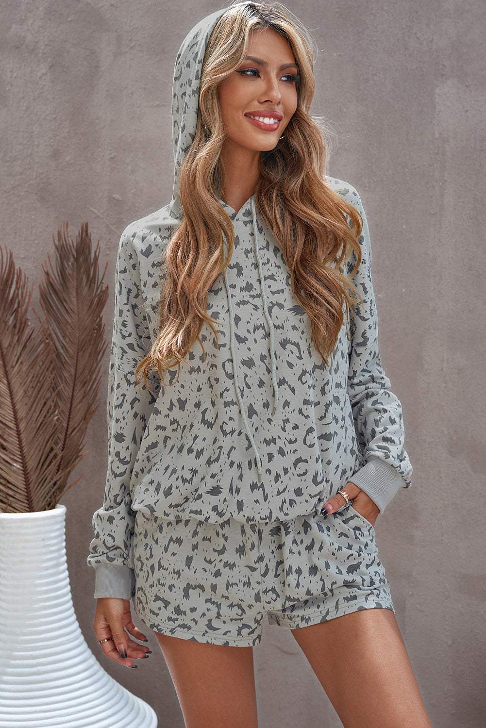 Animal Print Drawstring Detail Hoodie and Shorts Lounge Set Loungewear Sets - Tophatter Daily Deals