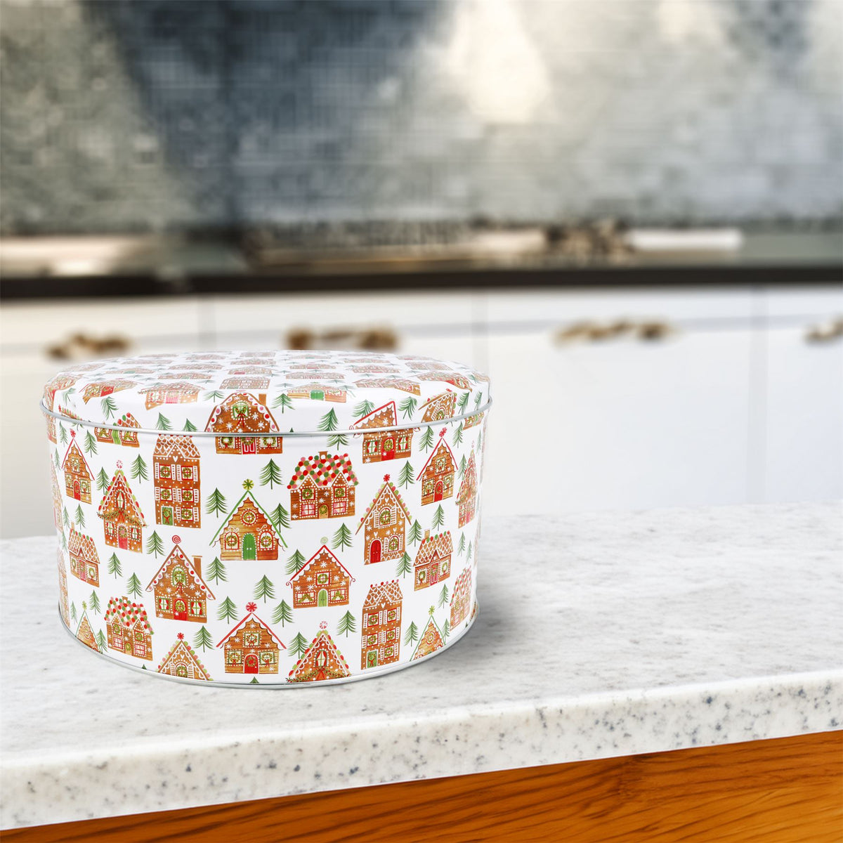 Gingerbread House Christmas Cake Tin | Festive Round Kitchen Storage Tin 23x12cm Tin - Tophatter Daily Deals