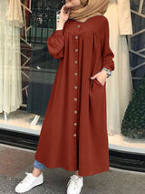 Solid Color Stand Collar Button Down Front Leisure Loose Pockets Women Maxi Dress Orange Maxi Dresses - Tophatter Daily Deals