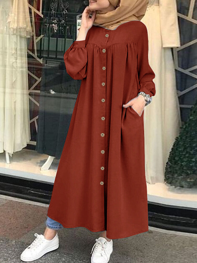 Solid Color Stand Collar Button Down Front Leisure Loose Pockets Women Maxi Dress Maxi Dresses - Tophatter Daily Deals