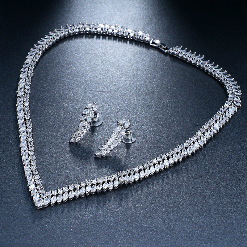 Bridal Wedding Jewelry Zircon Leaf Necklace Earrings 0 - Tophatter Daily Deals
