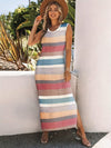 Slit Striped Round Neck Sleeveless Dress Burnt Coral Casual Dresses - Tophatter Daily Deals