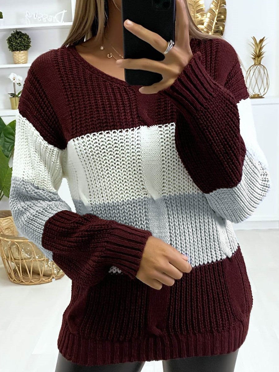 Soft Flattering Women V Neck Sweater - Colorblock Knit Wine Red 3D Changing Face Moving Picture Frame - Tophatter Daily Deals