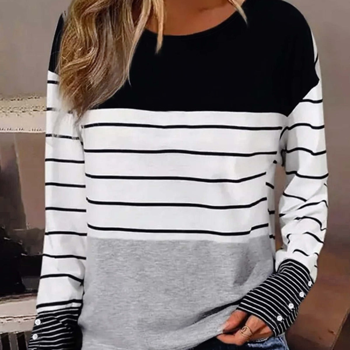 Soft Cozy Women Long Sleeve Top - Colorblock Striped White 3D Changing Face Moving Picture Frame - Tophatter Daily Deals