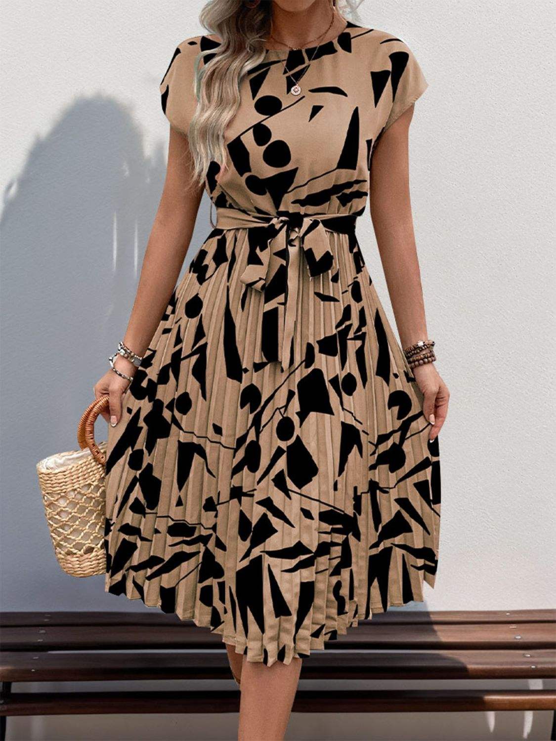 Tied Pleated Printed Cap Sleeve Dress - Tophatter Deals