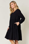 Double Take Full Size V-Neck Balloon Sleeve Tiered Dress Casual Dresses - Tophatter Daily Deals