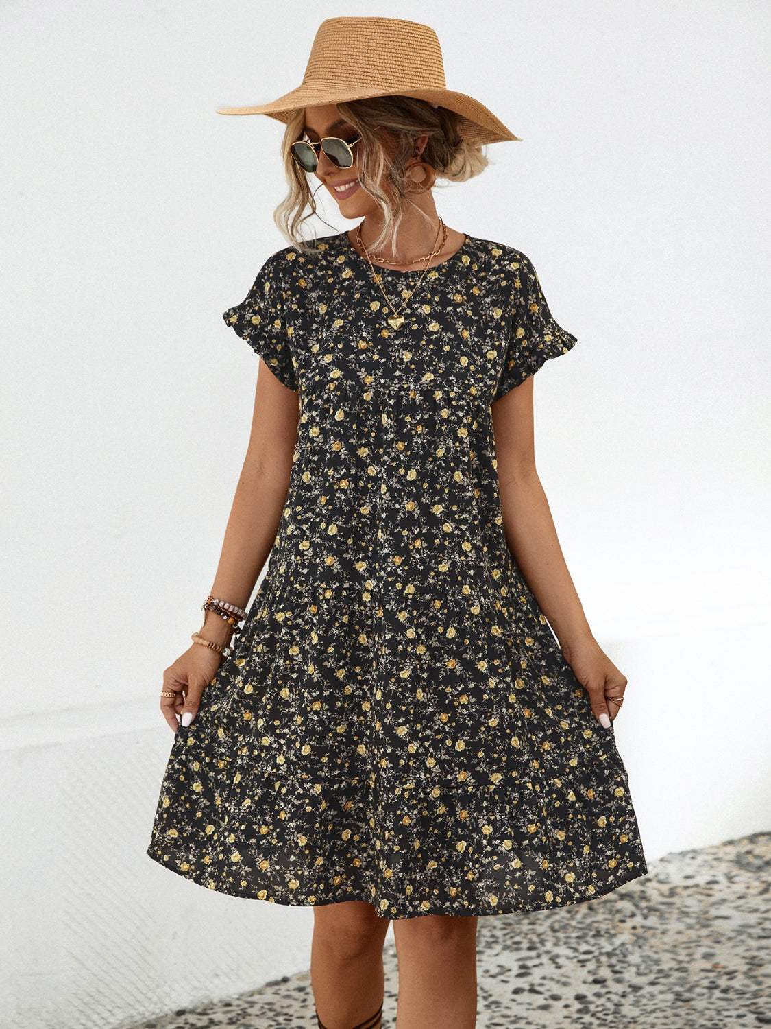 Frill Floral Round Neck Short Sleeve Tiered Dress Casual Dresses - Tophatter Daily Deals