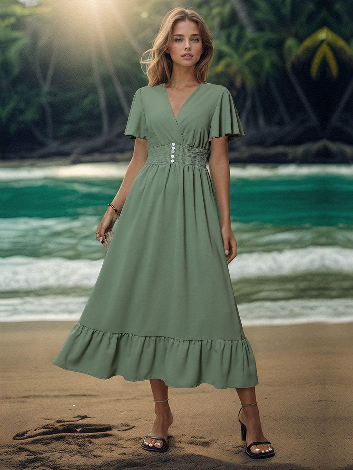 Surplice Flutter Sleeve Midi Dress Sage Casual Dresses - Tophatter Daily Deals