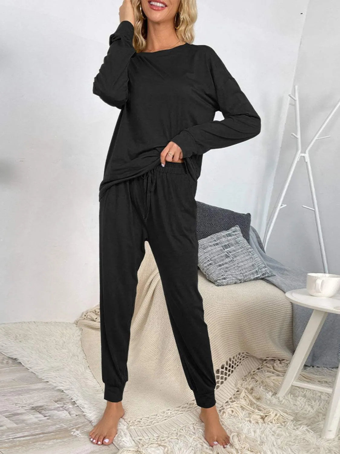 Round Neck Top and Drawstring Pants Lounge Set Black Loungewear Sets - Tophatter Daily Deals
