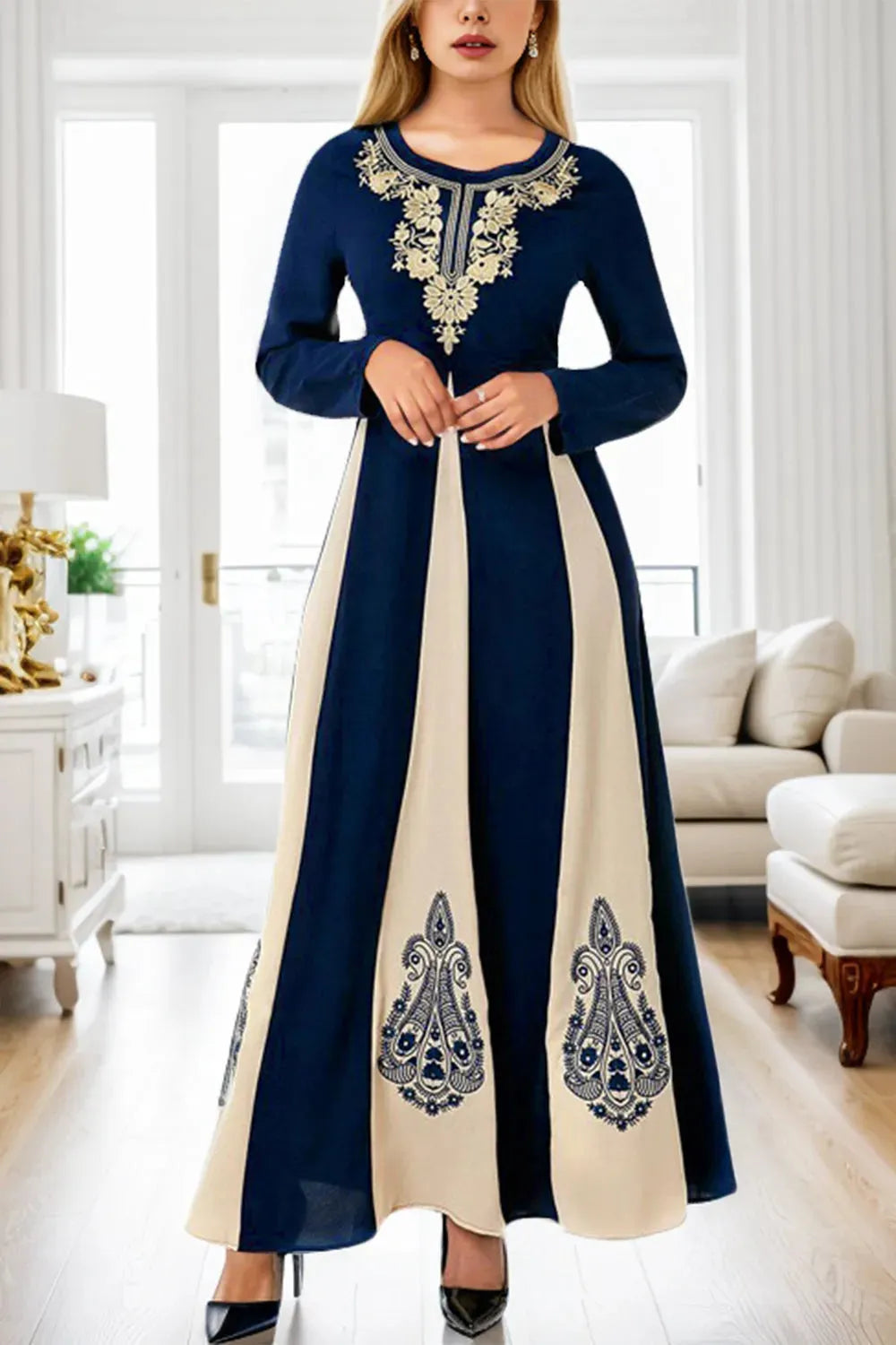 Printed Round Neck Long Sleeve Maxi Dress Navy Casual Dresses - Tophatter Daily Deals