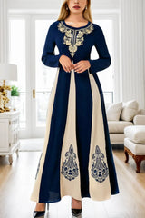 Printed Round Neck Long Sleeve Maxi Dress Navy Casual Dresses - Tophatter Daily Deals