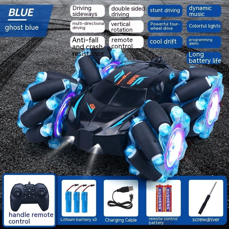 24G High-speed Wireless Remote Control Car Light Music Four-wheel Drive Double-sided Driving Flip Rotating Drift Car Stunt Car Blue Single remote control 3PC Battery 0 - Tophatter Daily Deals