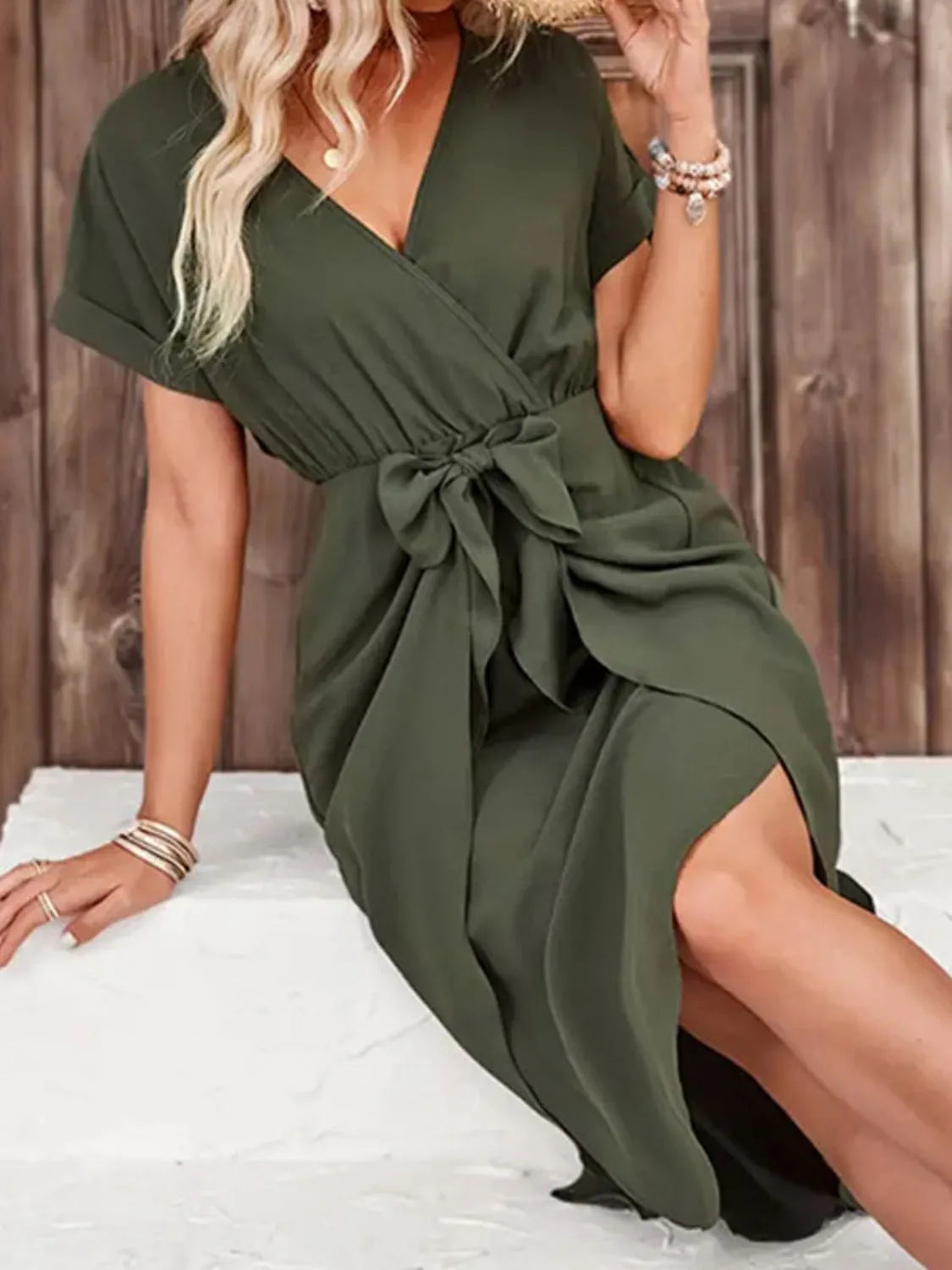 Tied Surplice Short Sleeve Dress Casual Dresses - Tophatter Daily Deals