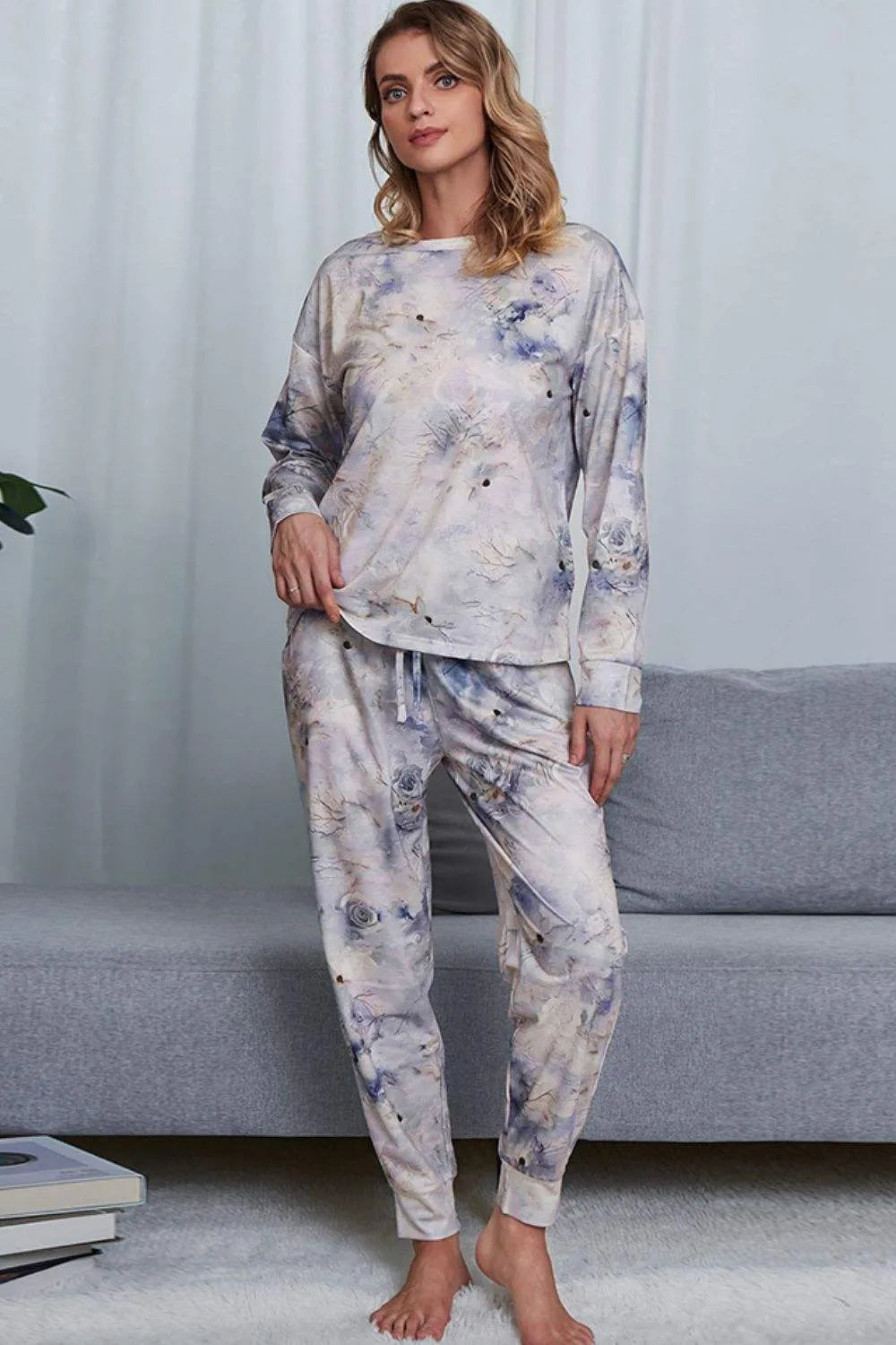 Tie-Dye Crewneck Top and Drawstring Waist Joggers Lounge Set Light Blue Loungewear Sets - Tophatter Daily Deals