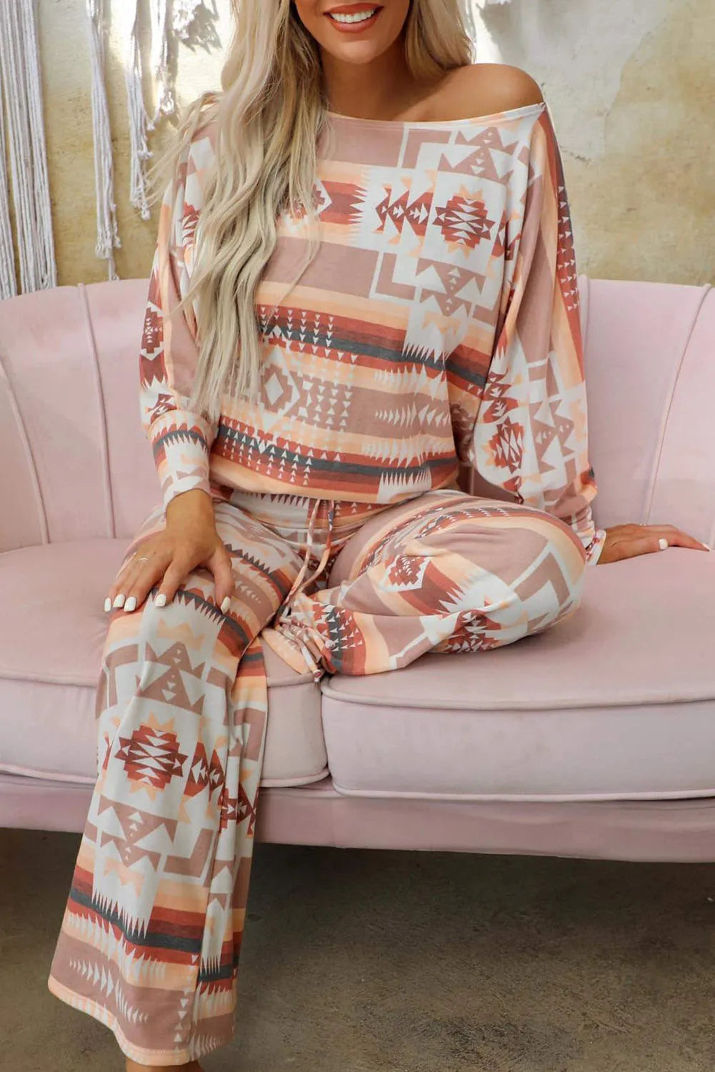 Multicolour Aztec Print Puff Sleeve Pullover and Pants Lounge Outfit Multicolour 95%Polyester+5%Elastane Loungewear & Sleepwear/Sleepwear - Tophatter Daily Deals