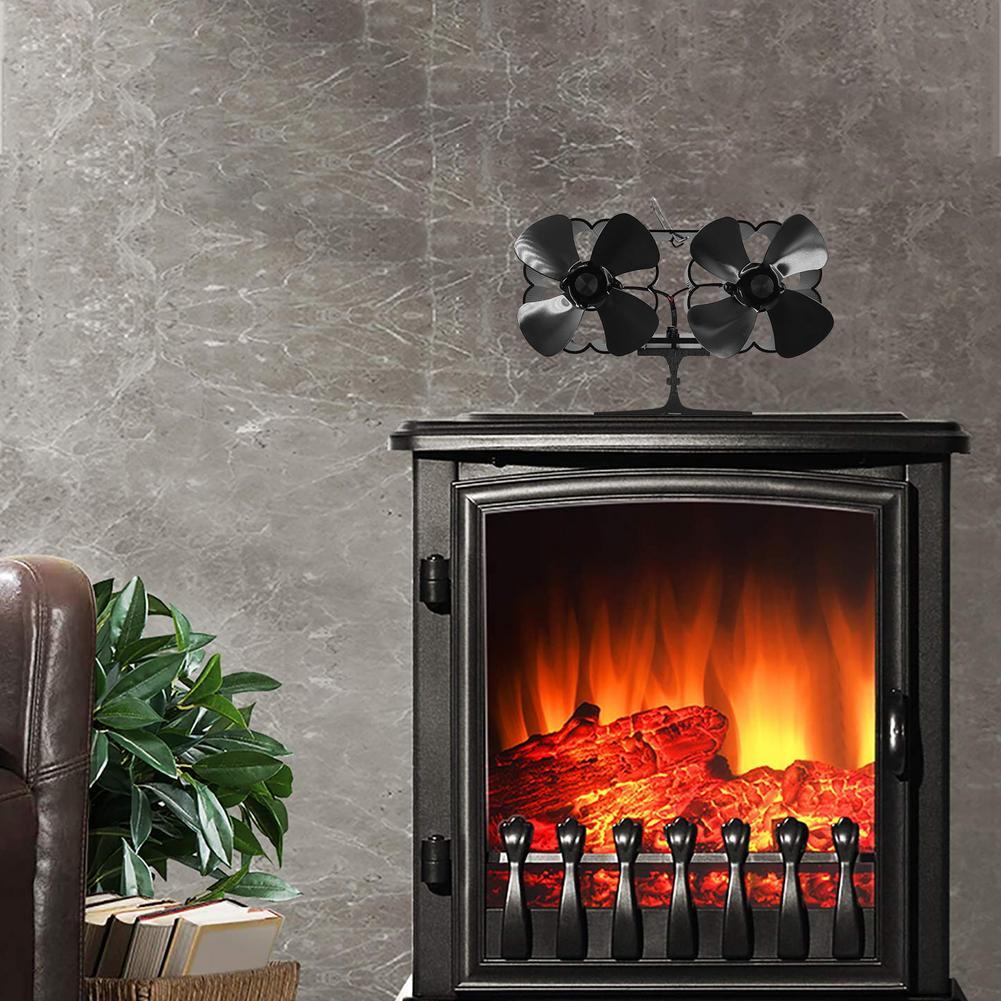 8 Leaf Double Head Fireplace Heat Power Fan 0 - Tophatter Daily Deals