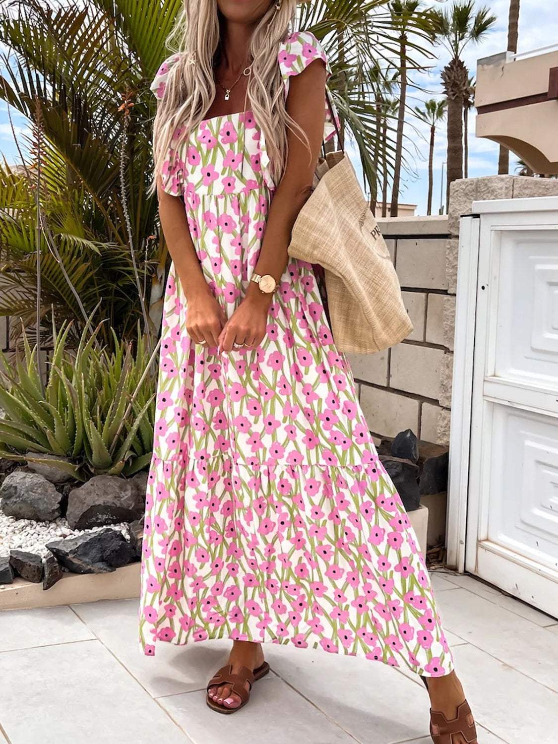 Ruffled Printed Cap Sleeve Midi Dress Blush Pink Casual Dresses - Tophatter Daily Deals