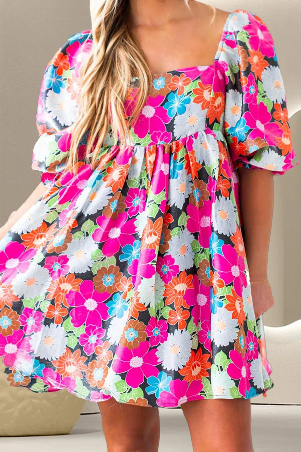 Printed Square Neck Half Sleeve Mini Dress Floral Casual Dresses - Tophatter Daily Deals