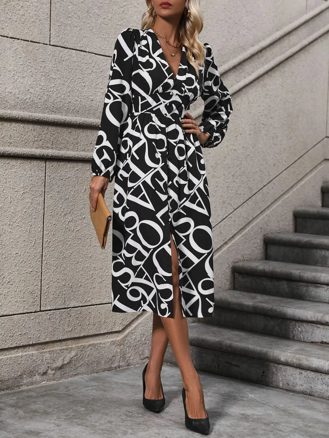 Printed V-Neck Long Sleeve Midi Dress Casual Dresses - Tophatter Daily Deals