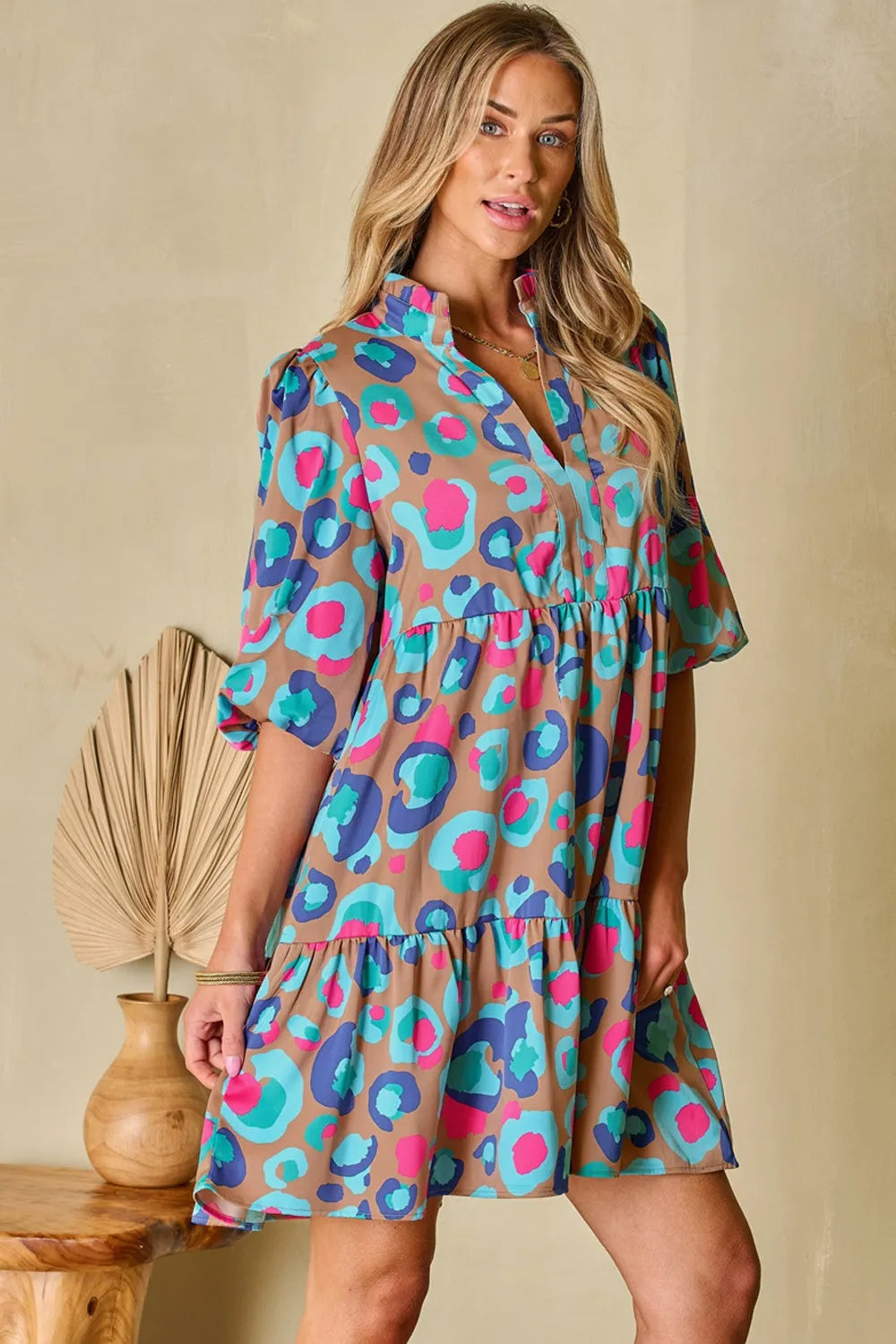 Notched Balloon Sleeve Mini Dress Casual Dresses - Tophatter Daily Deals