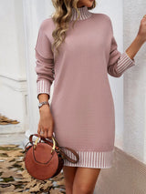 Striped Mock Neck Long Sleeve Sweater Dress Casual Dresses - Tophatter Daily Deals