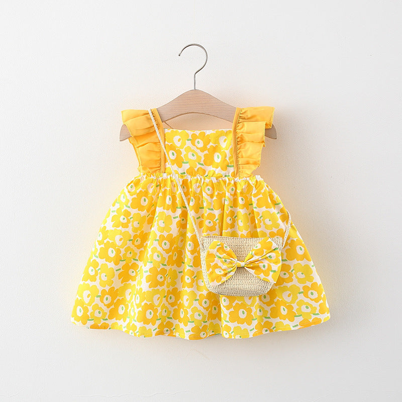 Baby Girl Flounced Sleeve Dress Free Bamboo Basket Satchel Yellow 0 - Tophatter Daily Deals