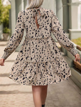 Frill Printed Mock Neck Long Sleeve Mini Dress Casual Dresses - Tophatter Daily Deals