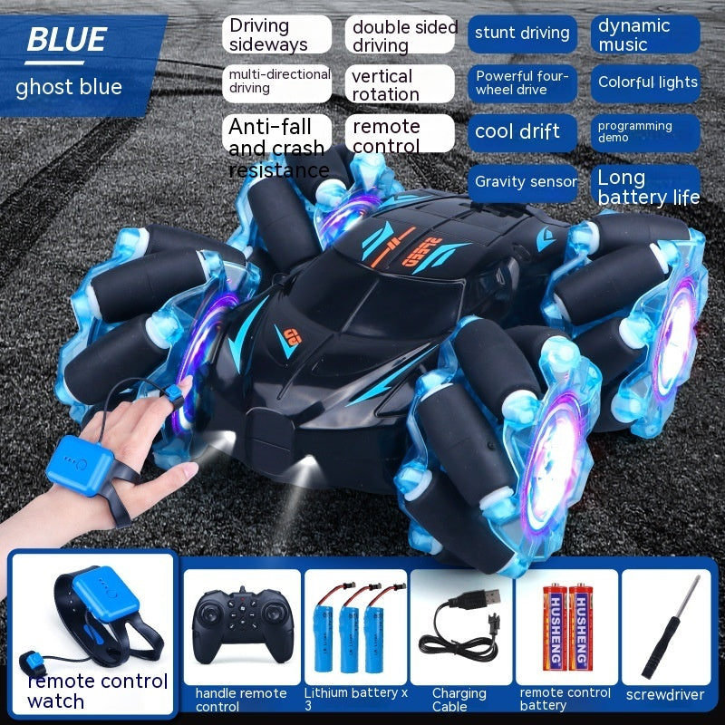 24G High-speed Wireless Remote Control Car Light Music Four-wheel Drive Double-sided Driving Flip Rotating Drift Car Stunt Car Blue Dual remote control 3PC Battery 0 - Tophatter Daily Deals