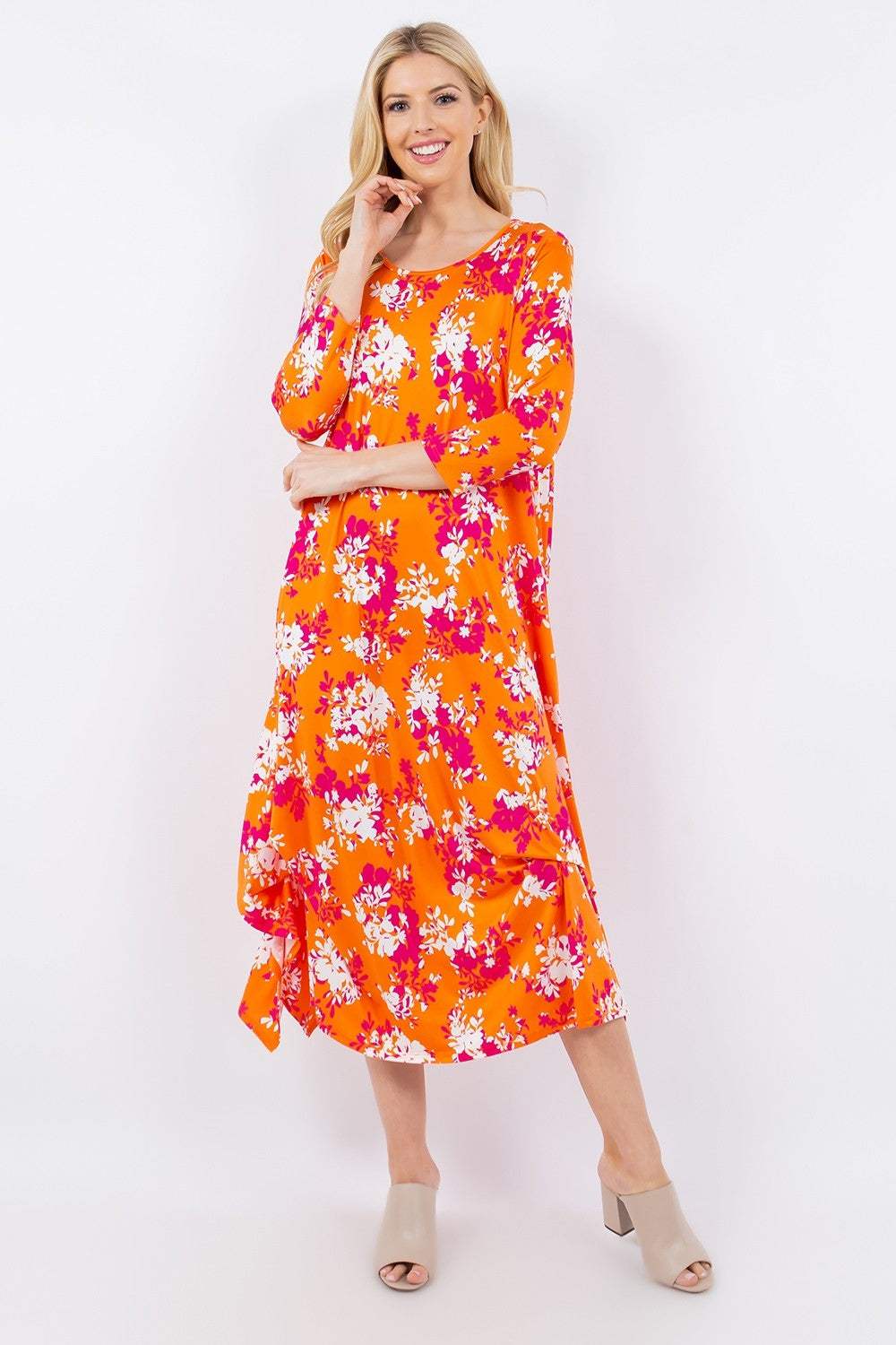 Celeste Full Size Pick-Up Hem Asymmetric Floral Midi Dress Orange Floral Casual Dresses - Tophatter Daily Deals