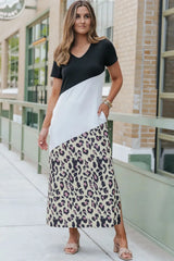 Leopard Color Block V-Neck Slit Dress Casual Dresses - Tophatter Daily Deals