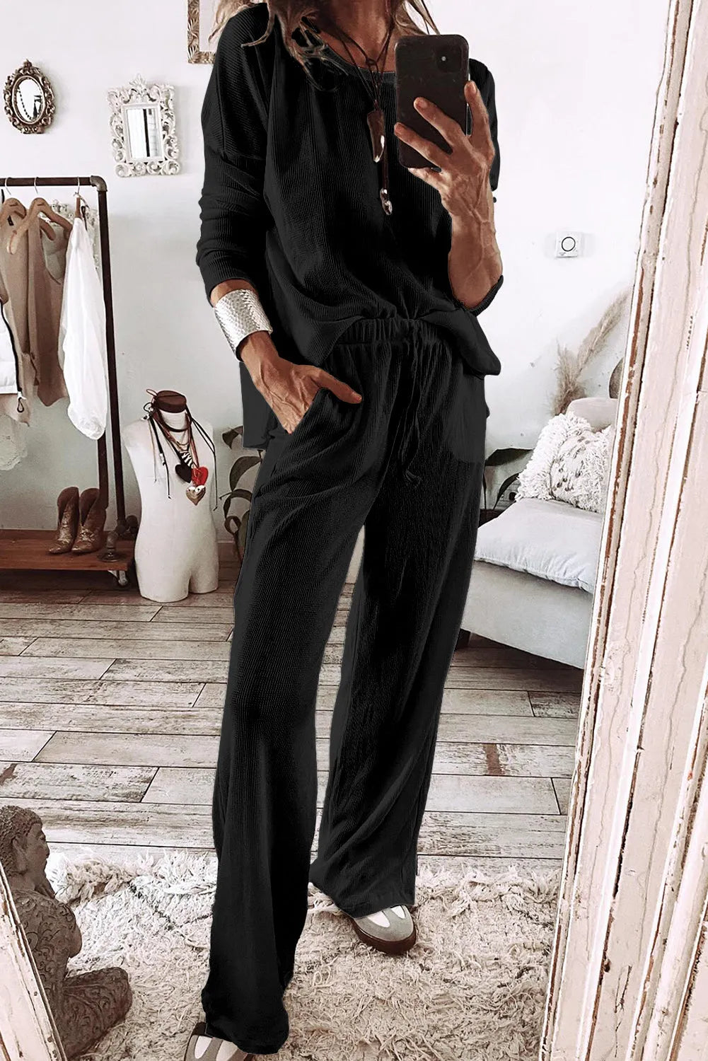 Black Textured Long Sleeve T Shirt and Pants Lounge Set Black 75%Polyester+25%Cotton Loungewear & Sleepwear/Loungewear - Tophatter Daily Deals