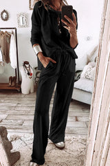 Black Textured Long Sleeve T Shirt and Pants Lounge Set Black 75%Polyester+25%Cotton Loungewear & Sleepwear/Loungewear - Tophatter Daily Deals