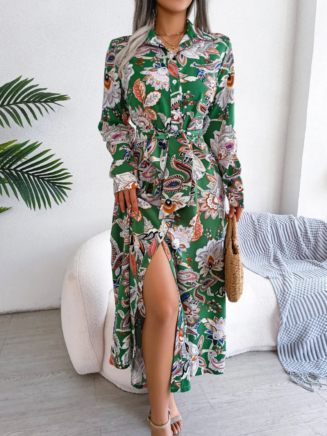 Tied Printed Long Sleeve Midi Dress Casual Dresses - Tophatter Daily Deals