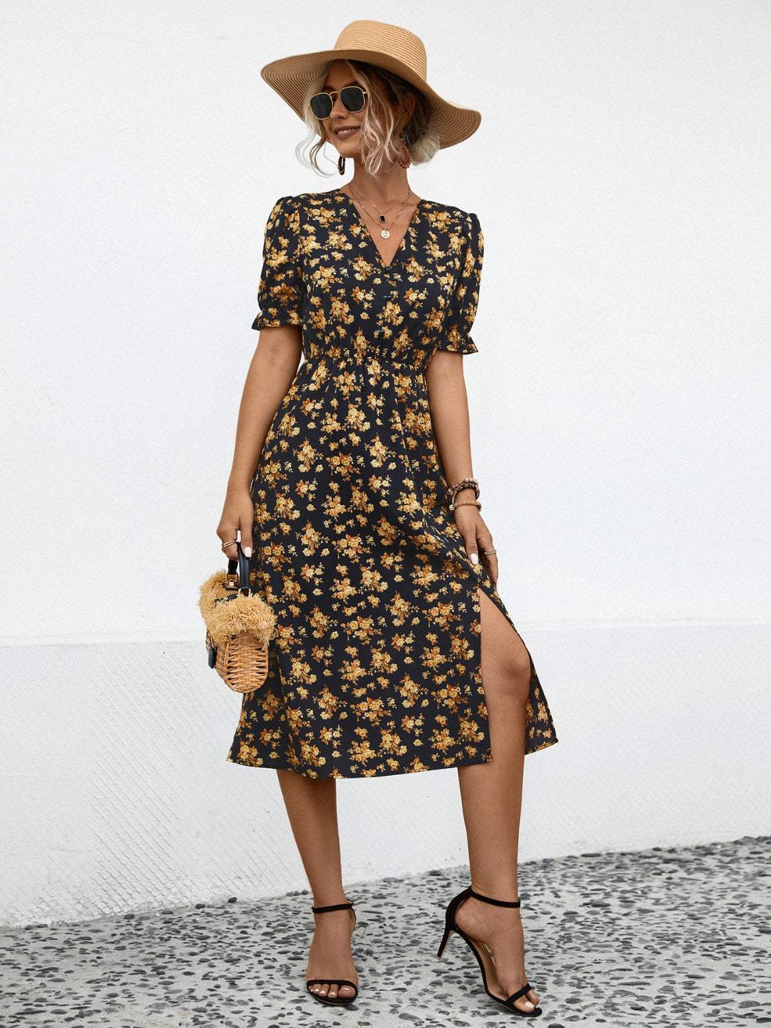 Slit Printed V-Neck Short Sleeve Dress Casual Dresses - Tophatter Daily Deals