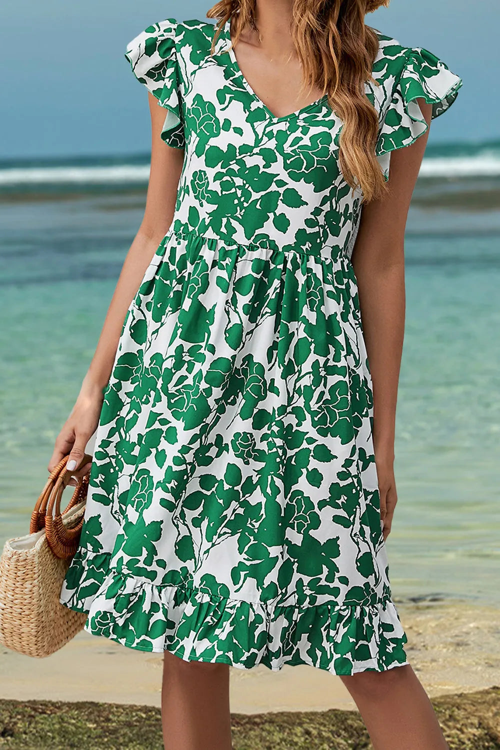 Ruffled Printed V-Neck Cap Sleeve Dress Green Casual Dresses - Tophatter Daily Deals