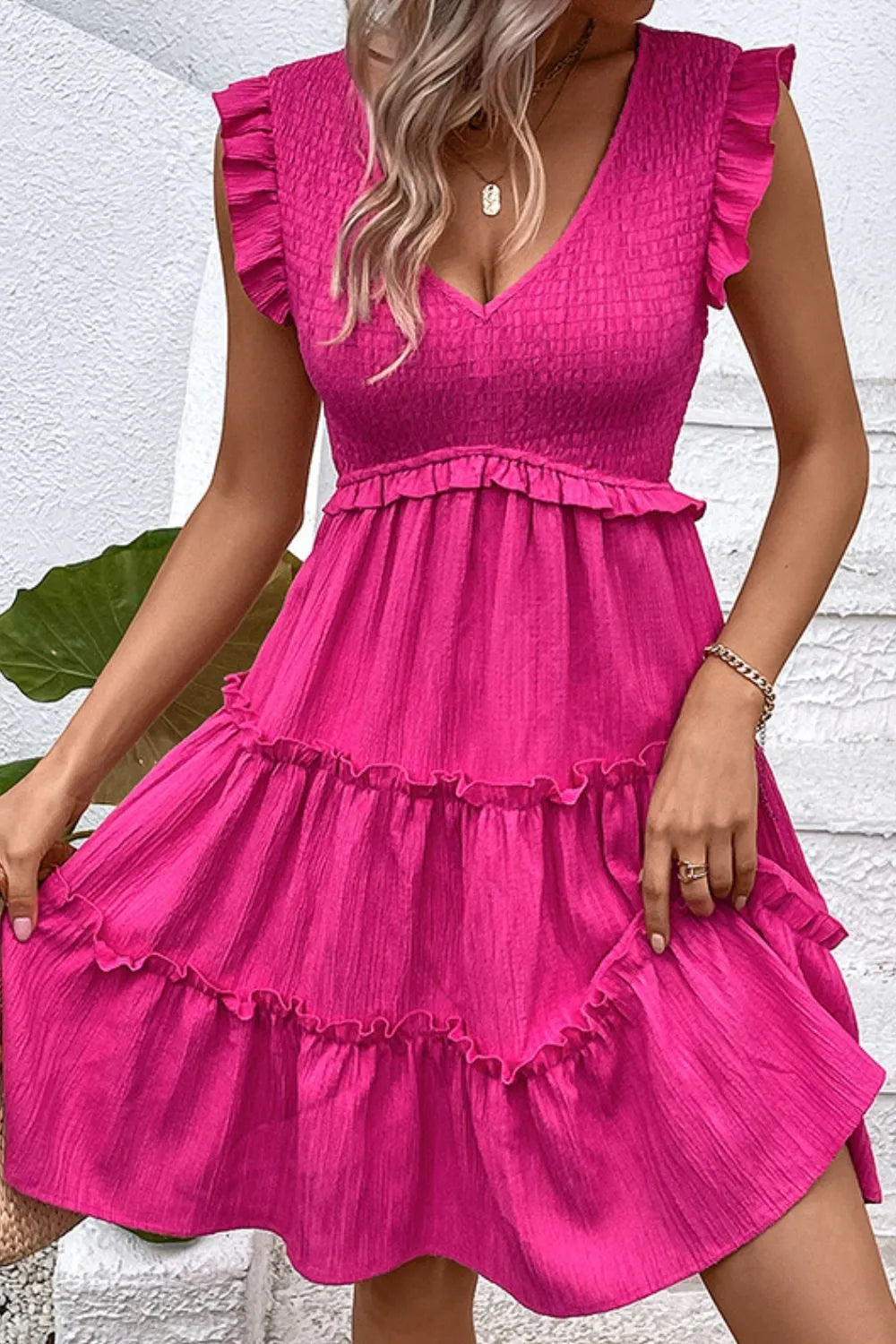 Smocked Frill Trim Deep V Dress Casual Dresses - Tophatter Daily Deals