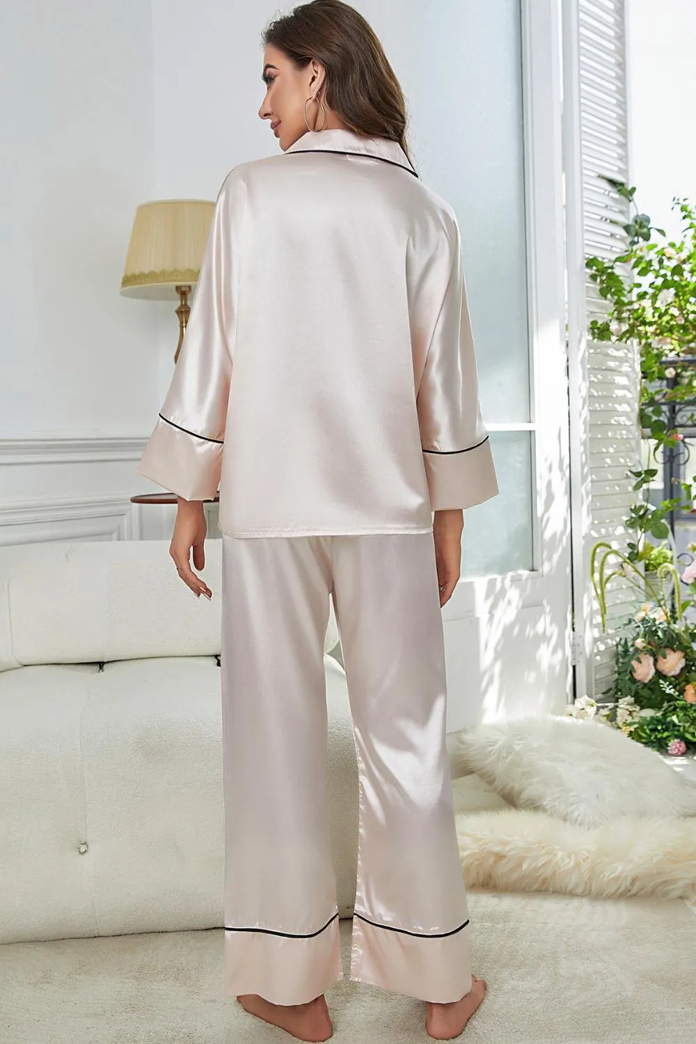 Contrast Piping Button-Up Top and Pants Pajama Set Loungewear Sets - Tophatter Daily Deals