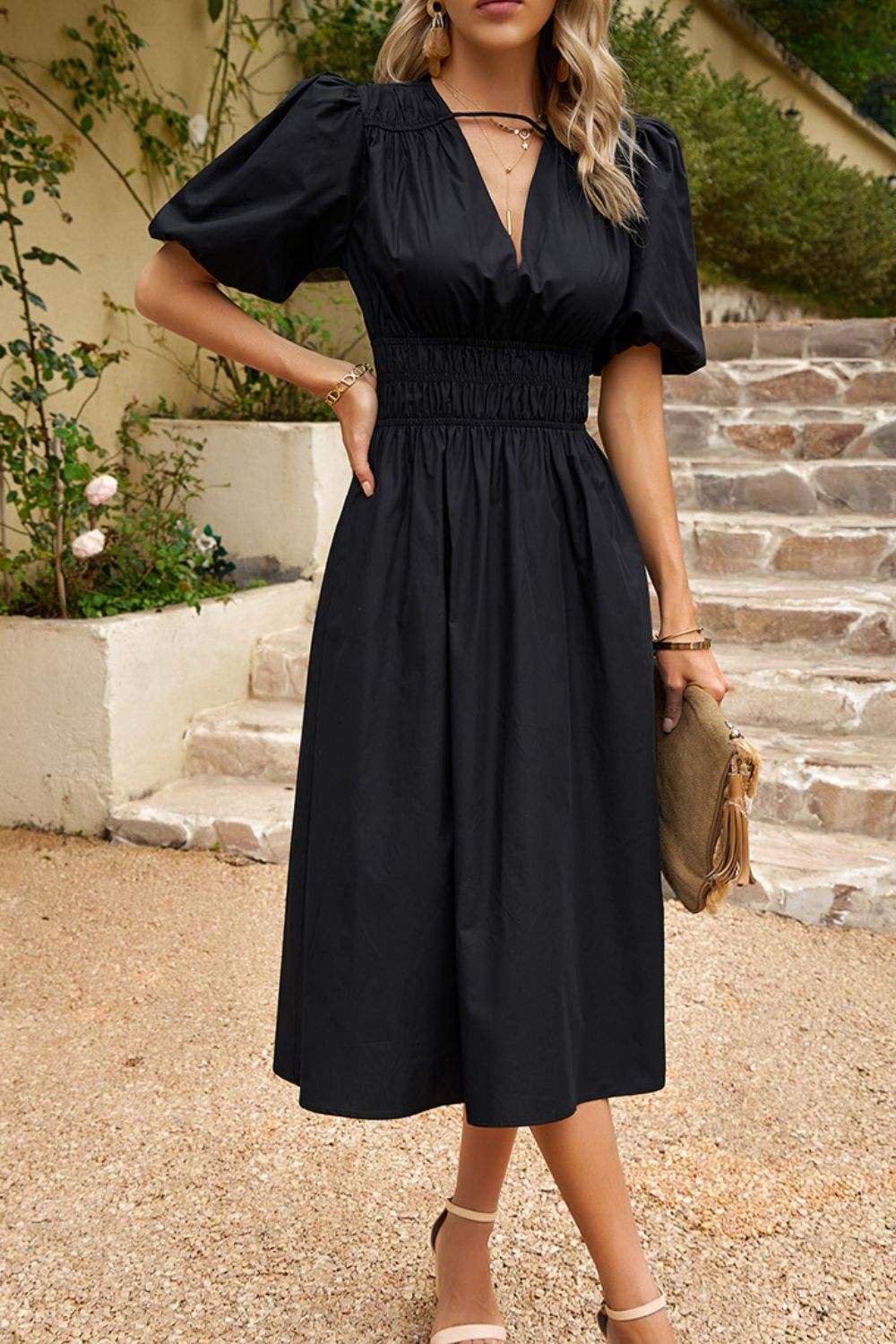 Puff Sleeve Smocked Waist Midi Dress Casual Dresses - Tophatter Daily Deals