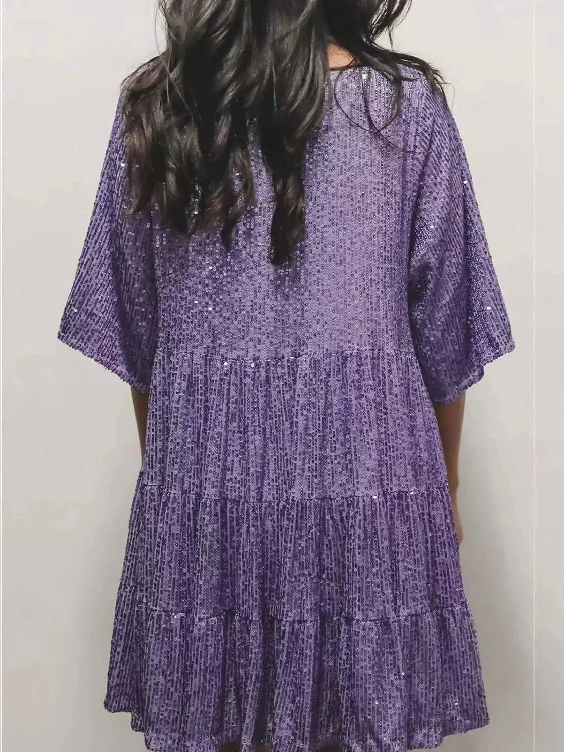 Full Size Sequin Round Neck Half Sleeve Mini Dress Purple Casual Dresses - Tophatter Daily Deals