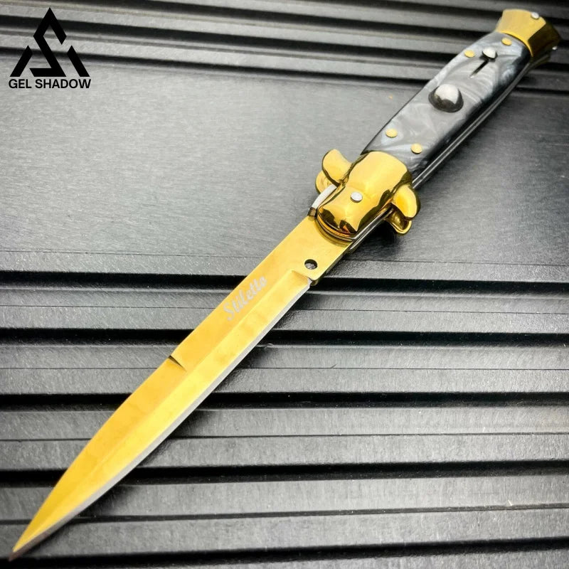 8.75" Italian Stiletto AKC Switch Blade Auto Pocket Knife-GS141 Black w Gold Blade KNIVES - Tophatter Daily Deals