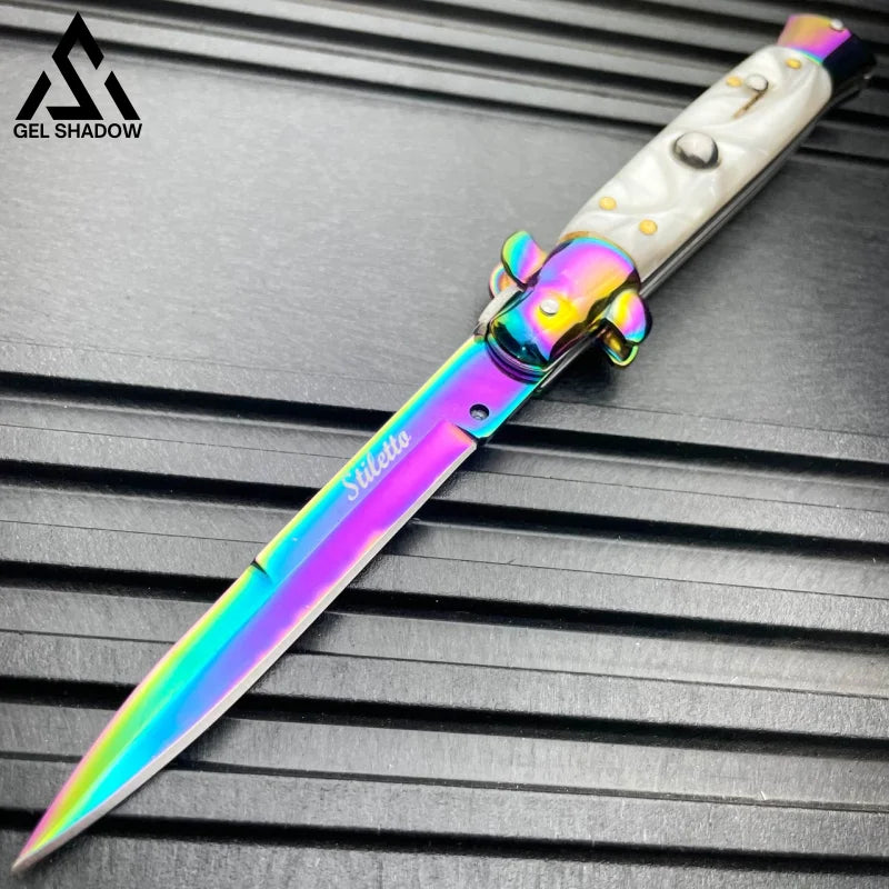 8.75" Italian Stiletto AKC Switch Blade Auto Pocket Knife-GS141 White w Rainbow Blade KNIVES - Tophatter Daily Deals