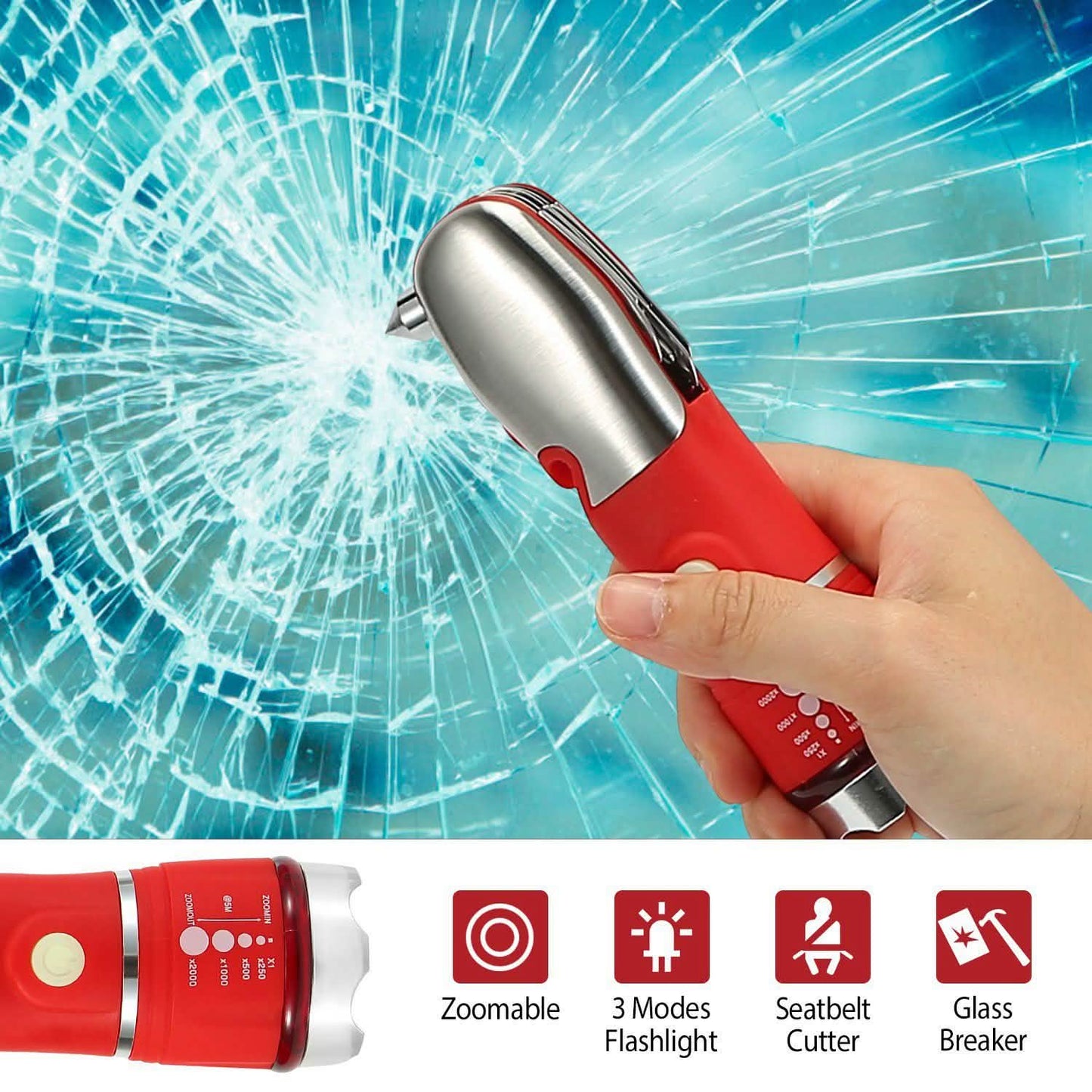 8-in-1 Multi-Tool Hammer Zoomable Emergency Flashlight Outdoor Recreation - Tophatter Daily Deals