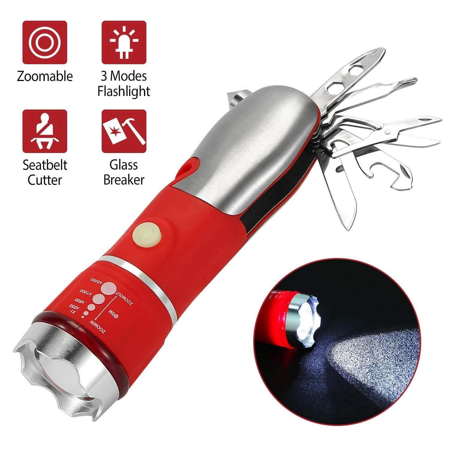 8-in-1 Multi-Tool Hammer Zoomable Emergency Flashlight Outdoor Recreation - Tophatter Daily Deals