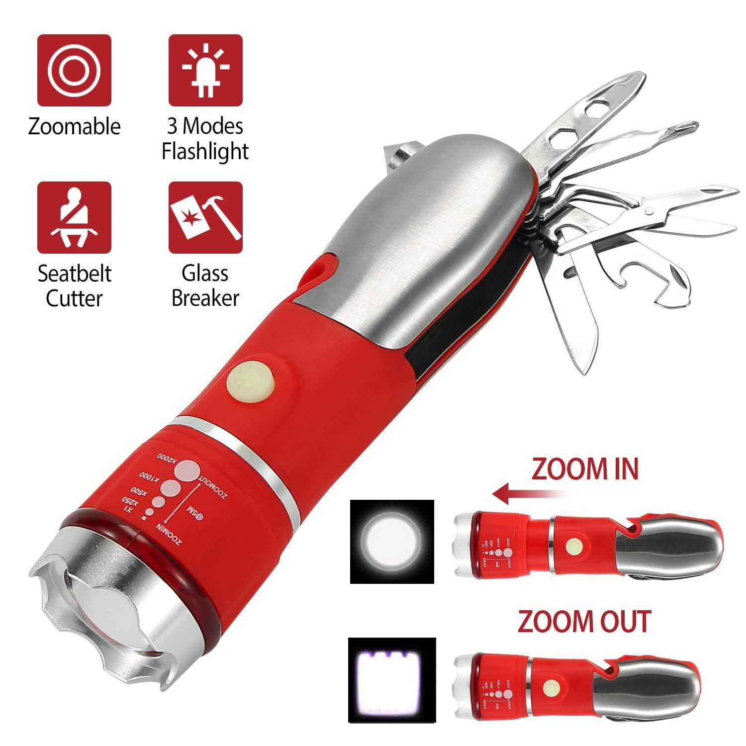 8-in-1 Multi-Tool Hammer Zoomable Emergency Flashlight Outdoor Recreation - Tophatter Daily Deals