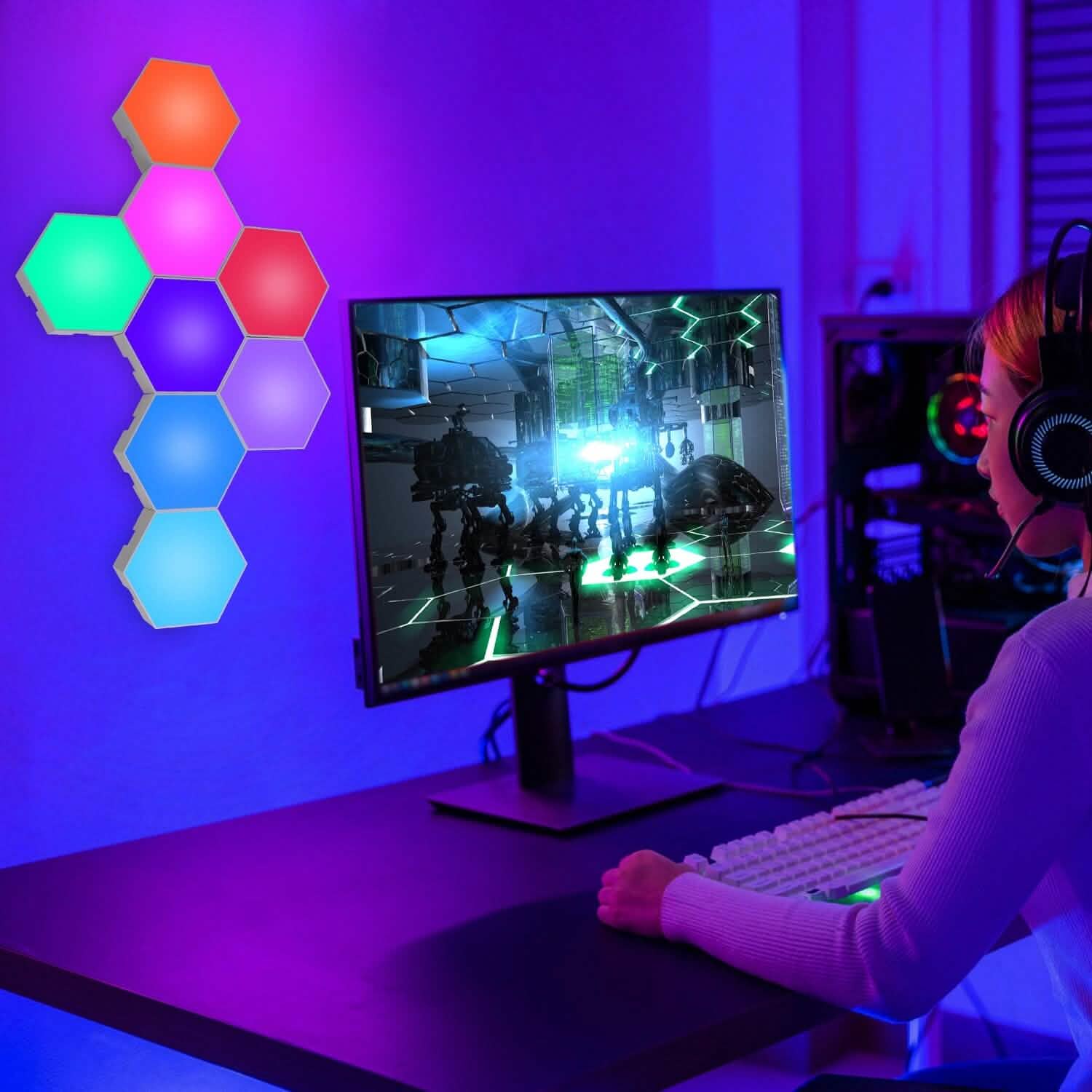 8-Piece: Hexagon Light Panels RGBW Colorful Splicing Wall Lamps Indoor Lighting - Tophatter Daily Deals