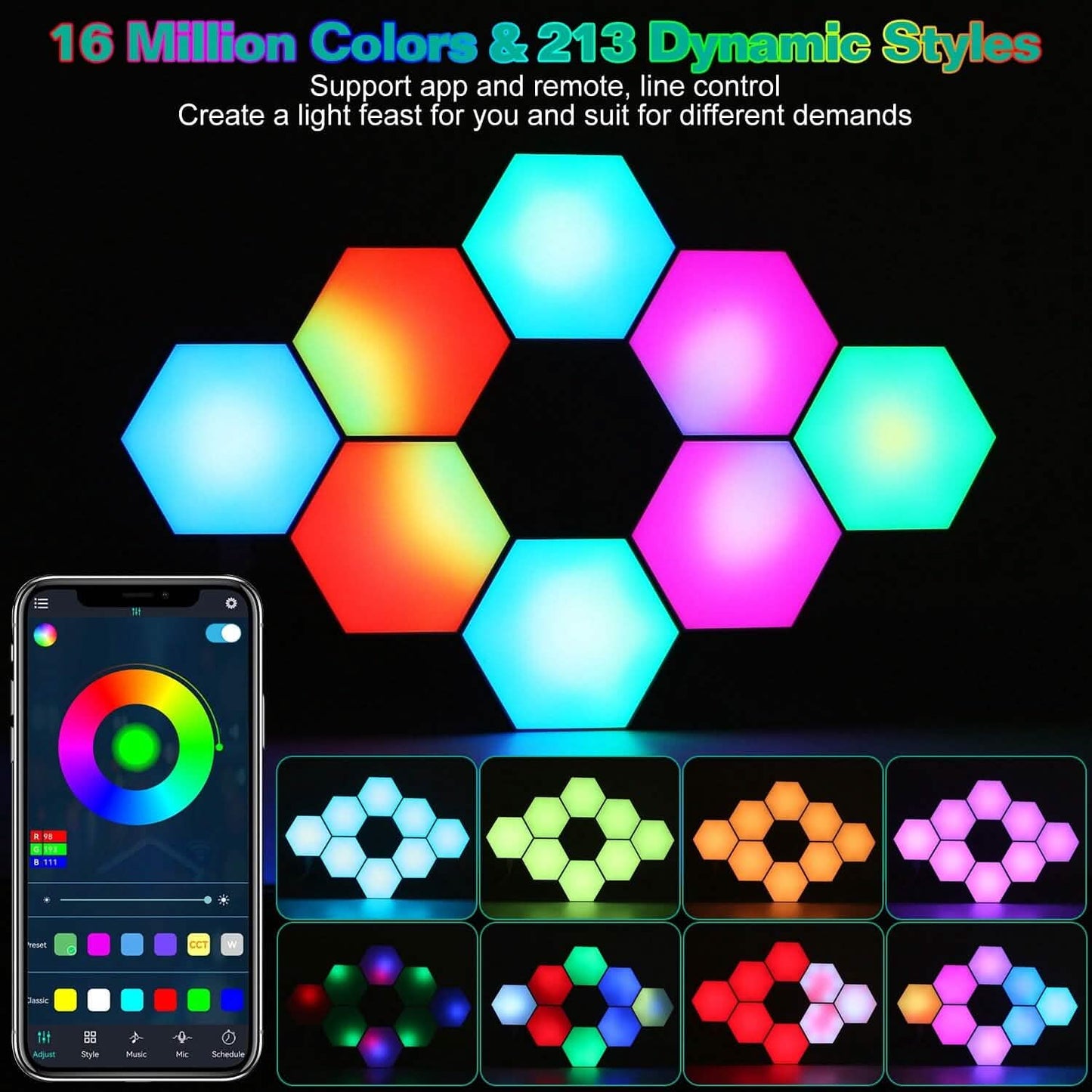 8-Piece: Hexagon Light Panels RGBW Colorful Splicing Wall Lamps Indoor Lighting - Tophatter Daily Deals