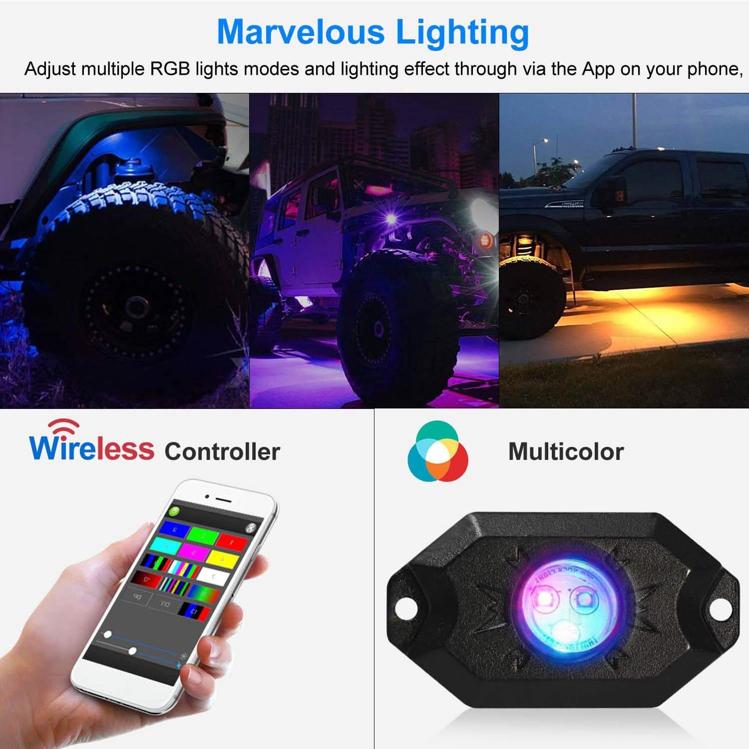 8-Pieces: Auto RGB LED Rock Light Kit Automotive - Tophatter Daily Deals